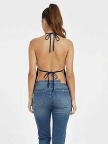 Women's Cropped Halter Top With Straps And Back Tie. Knit Fabric. Open Back. Drawstring. Nightwear. - Black - View 2