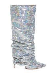 Women's Casual Pleated Heel Boots, Sparkly Knee High Boots - Bạc - Xem 3