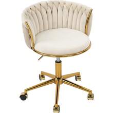 Woven Home Office Chair, Modern Swivel Desk Chair With Wheels, Height Adjustable Vanity Chair With Gold Metal Base And Hand Weaving Back, Beige - Màu be - Xem 1