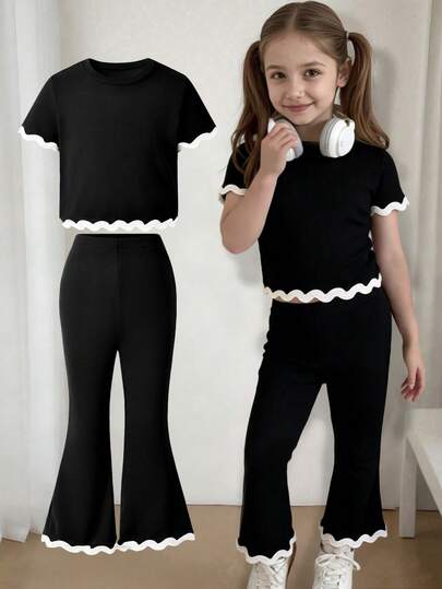 2 piezas Conjunto dulce y lindo, adecuado para primavera/verano para niñas, top casual con volantes blancos de manga corta + pantalones acampanados de moda