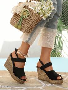 新款韩版厚底坡跟凉鞋，夏季高跟厚底凉鞋，树皮纹理装饰，厚底露趾百搭凉鞋 - 黑色 - 查看 7