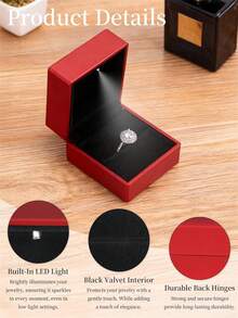 Square LED Light Ring Box, Engagement Ring Box, Jewelry Gift Box, Suitable For Proposal, Wedding, Valentine's Day, Anniversary, Christmas, Mother's Day, Thanksgiving (Square, Black/Red) - Multicolor - View 5