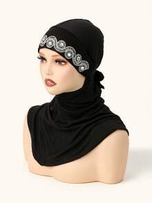 1pc Women's Solid Color Wavy Rhinestone Balaclava Hat, Made Of Modal Fabric, Hot-Fix Rhinestones, Soft & Comfortable Beanie Headscarf, Adjustable Drawstring Headwrap, Fashionable & Versatile Scarf Lining Hat, Suitable For Daily Wear