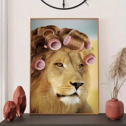 1pc Abstract Lion Hair Salon Canvas Poster Print, Cute Lion Canvas Wall Art, Canvas Wall Painting, Gift Art Wall Decor, For Living Room, Bedroom, Bathroom, Office, Hallway, Kitchen, Frameless