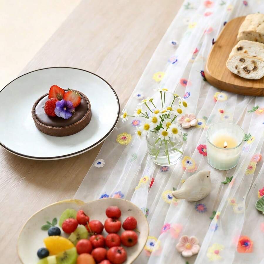 1 Piece Embroidery Daisy Table Runner Gauze Sheer Dining Rectangular Tablecloth Table Decoration Polyester For Home Holiday Wedding Birthday Reusable - White - View 1