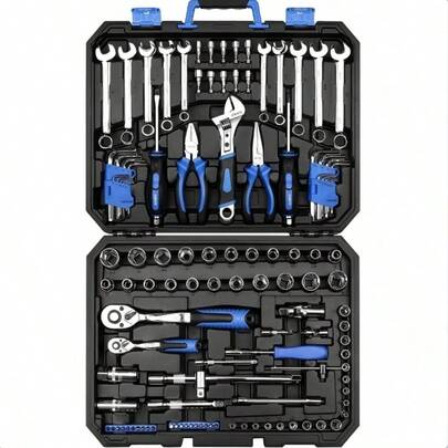 46-teiliges Werkzeug-Set, Ratschenschlüssel, metrische Steckschlüsseleinsätze, geeignet für Auto, Motorrad, Fahrrad und Haushaltsreparaturen, Kunststoffkastenset