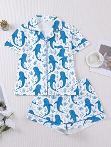 Marira 2pcs Wearable Women Pajama Set, Ocean Plant & Shark Print, Soft Fabric, Short Sleeve Shirt Collar Button Top And Elastic Shorts, Fashionable Sleepwear For Holiday Party, Casual Outdoor & Indoor Wear For Women - 彩色 - 查看 1