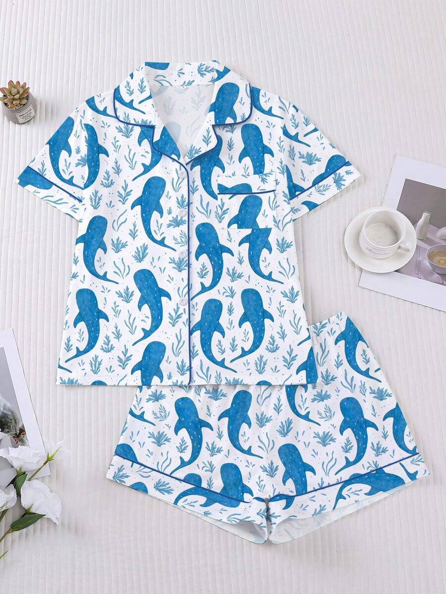 Marira 2pcs Wearable Women Pajama Set, Ocean Plant & Shark Print, Soft Fabric, Short Sleeve Shirt Collar Button Top And Elastic Shorts, Fashionable Sleepwear For Holiday Party, Casual Outdoor & Indoor Wear For Women - 彩色 - 查看 1