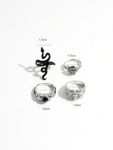 4pcs Fashion Hip Hop Punk Style Rhinestone Rings Set, Rose Flower & Snake Design Rings For Women