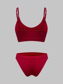 女士无痕无钢圈丁字裤套装，休闲日常穿着 - 紅色 - 查看 4