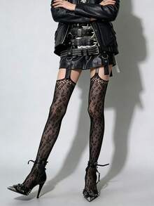 1 Pair Black Leopard Print Fishnet Stockings With Garter Belt - Lightweight Sexy Black Summer Fishnet Leg-Showing Fishnet Leopard Print Patchwork Garter Stockings