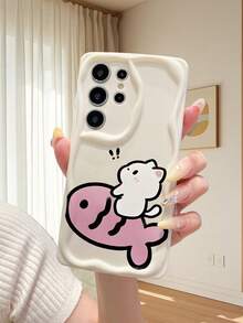 1 pieza Funda de teléfono con protección de lente gruesa antirraídas, con textura de mármol crema y patrón minimalista de pez y gato, compatible con iPhone, Redmi, OPPO, Vivo/Transsion, una opción de moda y protección - Blanco - Ver 5