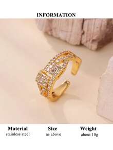10pcs Cubic Zirconia Stainless Steel Rings, Women/Mother's Style, 18K Gold Plated Tarnish Resistant Adjustable Rings, Wedding Jewelry/Party Accessories, Valentine's Day/Mother's Day Gift