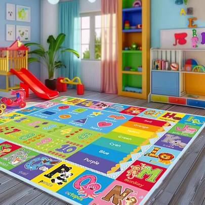 Tapete de atividades com estampa de desenho animado fofo (1 peça), tapete educativo ABC com letras e desenhos de animais, tema para áreas externas, tapete grande e resistente ao desbotamento, tapete durável para sala de estar, quarto, sala de jogos e decoração de casa.