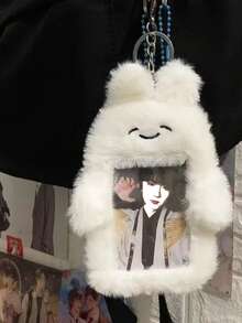 Cute Rabbit Plush Photo Card Holder 3 Inch Photo Case With Keychain Pendant Case Student Case Credit Card Case, White - White - View 6