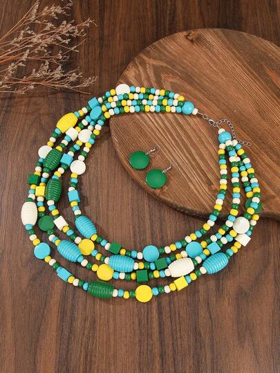 1 Set Handmade Multi-Layer Exaggerated Wooden Bead Necklace, Boho Style Bib Necklace For Women, Suitable For Beach, Party, Middle Eastern Formal Events, Beautiful Jewelry Necklace & Earrings