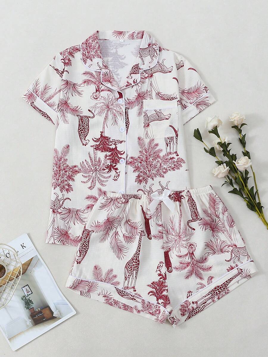 Giraffe & Monkey Print Short Sleeve Shorts Pajama Set For Women - Red - View 1