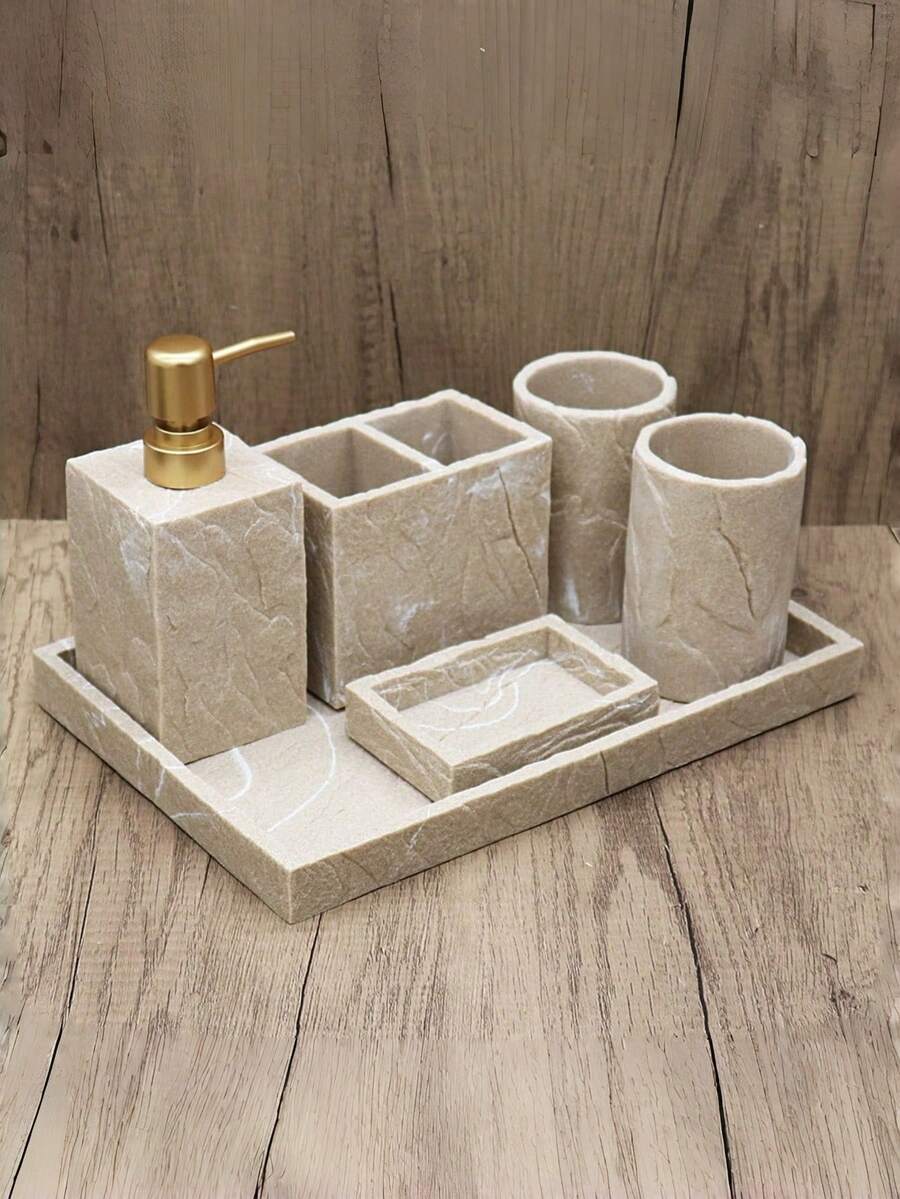 6 قطع مجموعة إكسسوارات الحمام، مصنوعة من مادة الراتنج، تشمل زجاجة غسول، حامل فرشاة الأسنان، موزع الصابون، صينية الزينة، كوب، علبة المناديل - مجموعة إكسسوارات الحمام - متعدد الألوان - مشاهدة 1