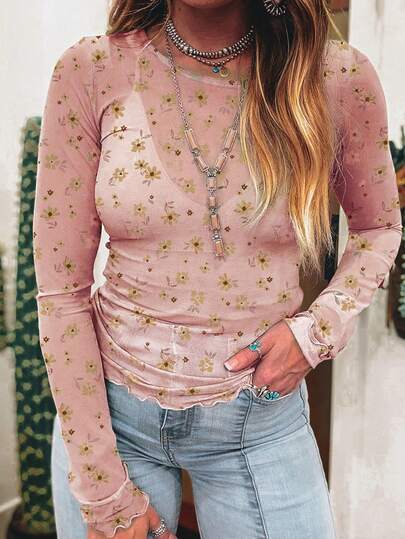 Acelitt Women's Vintage Printed Sheer Mesh Sexy Fitted Long Sleeve Crew Neck Top, Gulf Green, Resort Style, Autumn Casual Vacation Pink