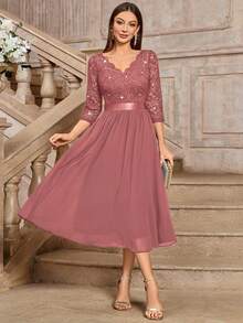 MIUSOL Elegant V-Neck Sequin Floral Lace Ruffle Chiffon 3/4 Sleeve Maxi Evening Dress - Dusty Pink - View 2