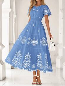 Spring & Summer New Arrival Women's Bohemian Dress - Casual Floral Short Sleeve V-Neck Maxi Style With Elastic High Waist & Pockets - 淺藍底白花 - 查看 3