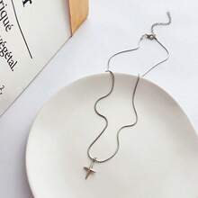 1pc Fashionable & Versatile Stainless Steel Silver Plated Snake Bone Chain Cross & Star Shaped Pendant Short Necklace For Men, Daily Wear, Non-Fading - Silver - View 7