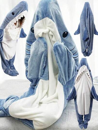 Adult Shark Hooded Blanket, Shark Costume, Wearable Shark Blanket, Comfortable Shark Pajamas, Super Soft & Cozy Flannel Shark Hooded Blanket, Family Shark Hooded Blanket, Wearable Shark Sleeping Bag, Gift For Women, Gift For Men, Personalized Gift