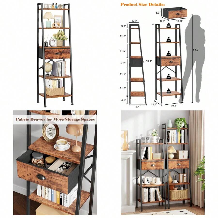 5 Tier Ladder Shelf, Tall And Narrow Bookshelf With Drawer,Standing Bookcase Units, Industrial Open Display Shelves Organizer For Bathroom,Kitchen,Bedroom,Living Room,Rustic Brown - Nâu mộc mạc - Xem 1