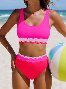 popvil 女士荷叶边比基尼套装，吊带高腰两件式泳衣，可爱泳装，适合夏季海滩度假 - 玫紅色 - 查看 4