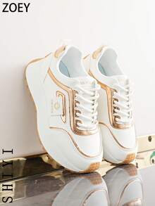 Spring, Summer, Autumn, Winter 2025 New Thick Soled Chunky Sneakers, Women's Breathable Mesh White Shoes, Versatile Casual Sports Shoes - Gold - View 4