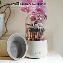 MX  Rotating Makeup Brush Holder With Lid Dustproof Vanity Organizer For Makeup Brushes Bonus Foldable Makeup Brush Cleaner Bowl Included Elegant White Storage Solution - White - View 3