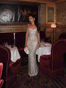 Sequin Spaghetti Strap Bodycon Dress | Sparkling Midi Party Gown | Chic Night Out Dress - 杏色 - 查看 2