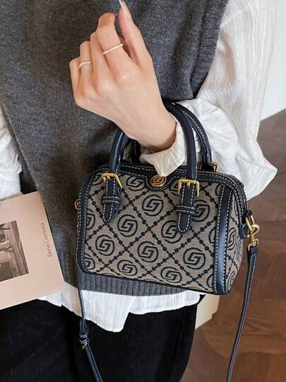 品牌奢华波士顿手提包 2026 新款女士托特包 时尚复古刺绣提花单肩包 蓝色斜挎枕包