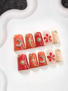 10件套琥珀风主题美甲凝胶套装，包含亚克力按压式美甲贴纸、金色太阳星空美甲装饰、手绘五瓣红色雕塑花、金边银色水钻月亮设计、纯色水波纹美甲装饰、红色和黄色指甲油，以及美甲工具。 - 彩色 - 查看 16