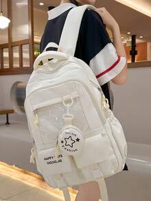 大容量防水 PVC 透明双口袋扣背包，适合女士，便携式多口袋学院风学生书包，带小圆包，适合上学、通勤、旅行、返校季