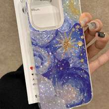 Creative Blue-Purple Starry Sky Pattern Phone Case Compatible With IPhone 11 12 13 14 15 16 17 Pro Max 7 8 Plus X XS Max XR 16e, Golden Star Pattern Shockproof Protective Cover - Multicolor - View 1