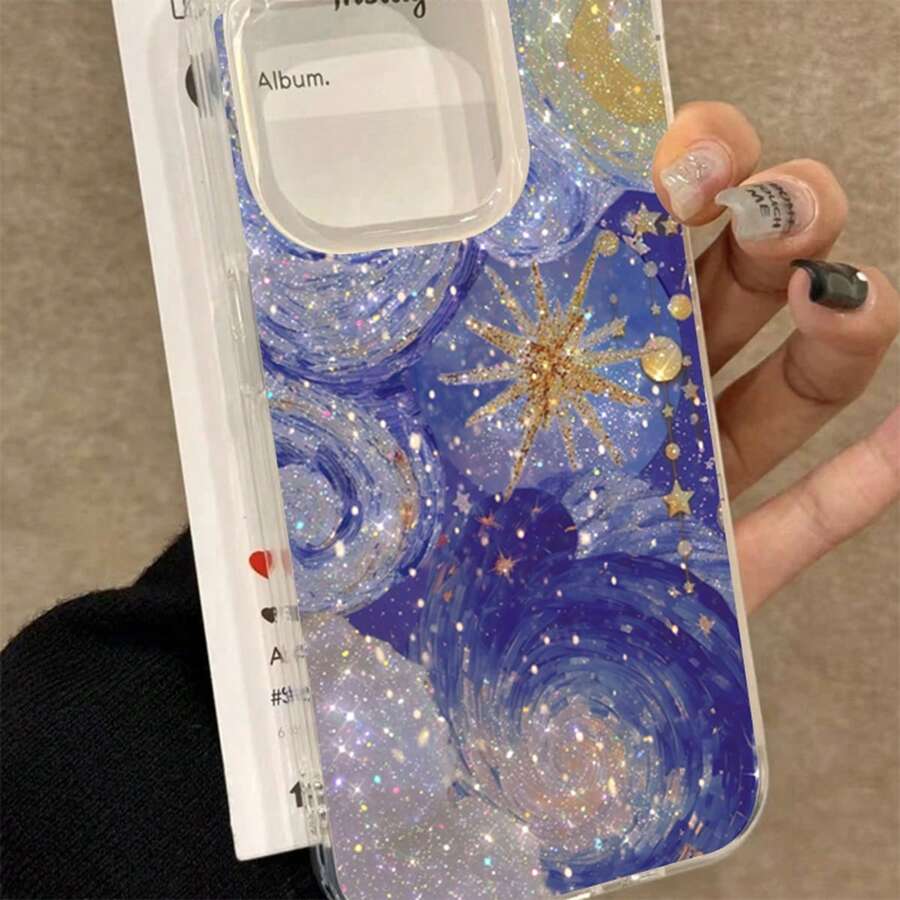 Creative Blue-Purple Starry Sky Pattern Phone Case Compatible With IPhone 11 12 13 14 15 16 17 Pro Max 7 8 Plus X XS Max XR 16e, Golden Star Pattern Shockproof Protective Cover - Multicolor - View 1