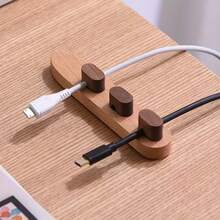 1pc Wooden Cable Organizer, Magnetic Cable Clips For Wire Management, No Drilling Required To Fix Charging Cables, Keeps Desk Tidy And Prevents Tangled Cords - Wood Color - View 1