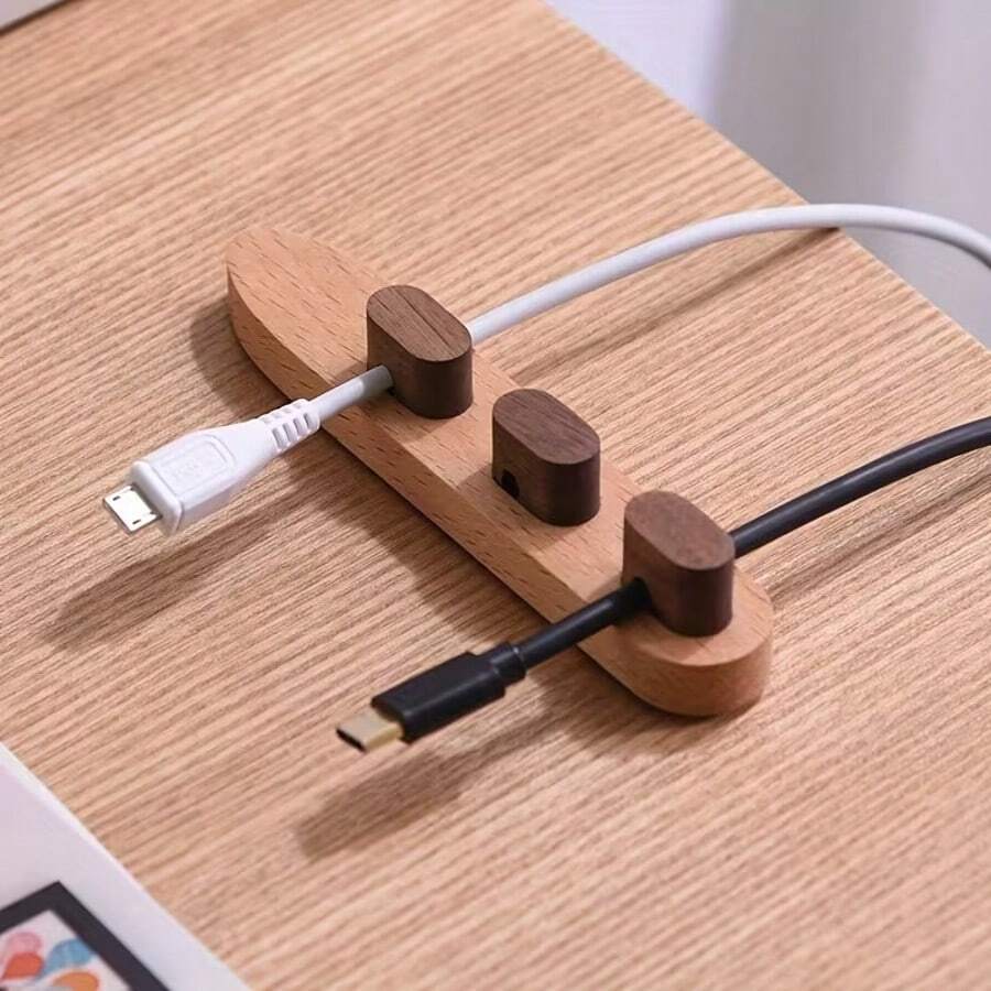 1pc Wooden Cable Organizer, Magnetic Cable Clips For Wire Management, No Drilling Required To Fix Charging Cables, Keeps Desk Tidy And Prevents Tangled Cords - Wood Color - View 1