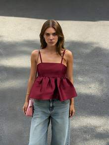 2026春夏女装可爱露背吊带荷叶边吊带背心，适合情人节、新年、节日、街头风、女士生日、女士邮轮旅行、女士休闲、女士度假、女士夏季、女士春季、女士音乐会等场合。 - 酒紅色 - 查看 6