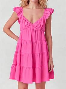 Womens Summer Tiered Solid Color Dresses Casual Boho Smocked Ruffle Sun Beach Babydoll Mini Dresses Flutter Sleeve Layered Flowy Swing Dress Deep V Neck High Waist Swing Tunic Dresses  A-Line Short Dresses For Daily Party Club Going Out Dresses - Hồng - Xem 1