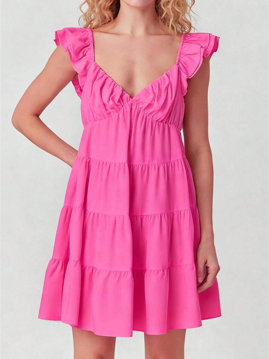 Womens Summer Tiered Solid Color Dresses Casual Boho Smocked Ruffle Sun Beach Babydoll Mini Dresses Flutter Sleeve Layered Flowy Swing Dress Deep V Neck High Waist Swing Tunic Dresses A-Line Short Dresses For Daily Party Club Going Out Dresses - Hồng - Xem 1