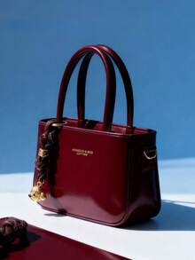 女士纯色方形手提包，配有可拆卸肩带、金属小狗吊饰、字母印花图案、酒红色优雅斜挎包、拉链封口、涤纶衬里、复古风格，适合购物和约会，红色包包 - 酒紅色 - 查看 6