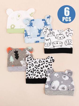 6Pcs Newborn Baby Bear Ears Beanies (0-3 Months) - Soft Unisex Infant Caps For Boys & Girls Adorable Animal/Dino Prints Comfortable Stretch Cotton Hats