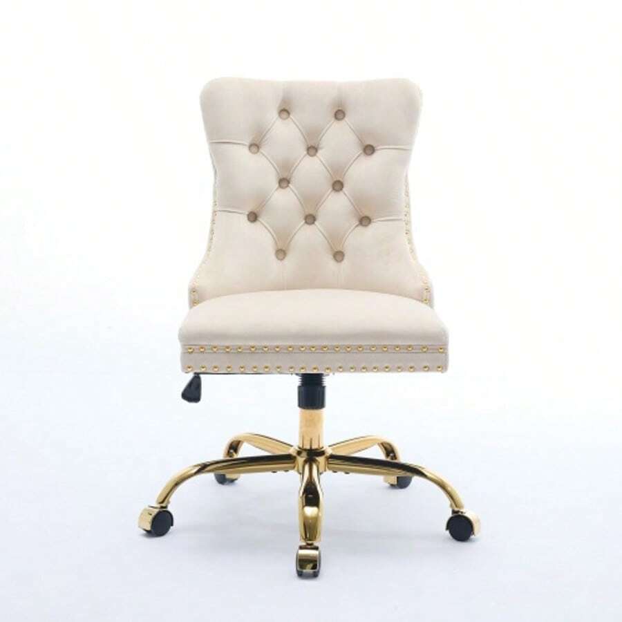 Modern Office Chair With Velvet Upholstery, Button Tufting And Gold Metal Base, Adjustable Swivel Chair, DE1923PK - Beige - View 1
