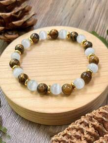 1pc Attract Wealth Bracelet, Selenite And Tiger's Eye Abundance & Prosperity Bracelet, Good Luck And Success Yoga Meditation Jewelry For Women Men