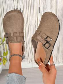 女士套脚穆勒鞋，春秋新款休闲无后跟乐福鞋，防滑平底露趾凉拖鞋 - 卡其色 - 查看 2