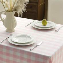 Romanstile Valentines Pink Gingham Tablecloth Square, Waterproof Heavy Duty Linen Cotton Checkered Table Cloth With Tassel, Wrinkle Free Plaid Table Cover For Spring Easter Outdoor - 55 X 55 Inch - 粉紅色格子呢 - 查看 3