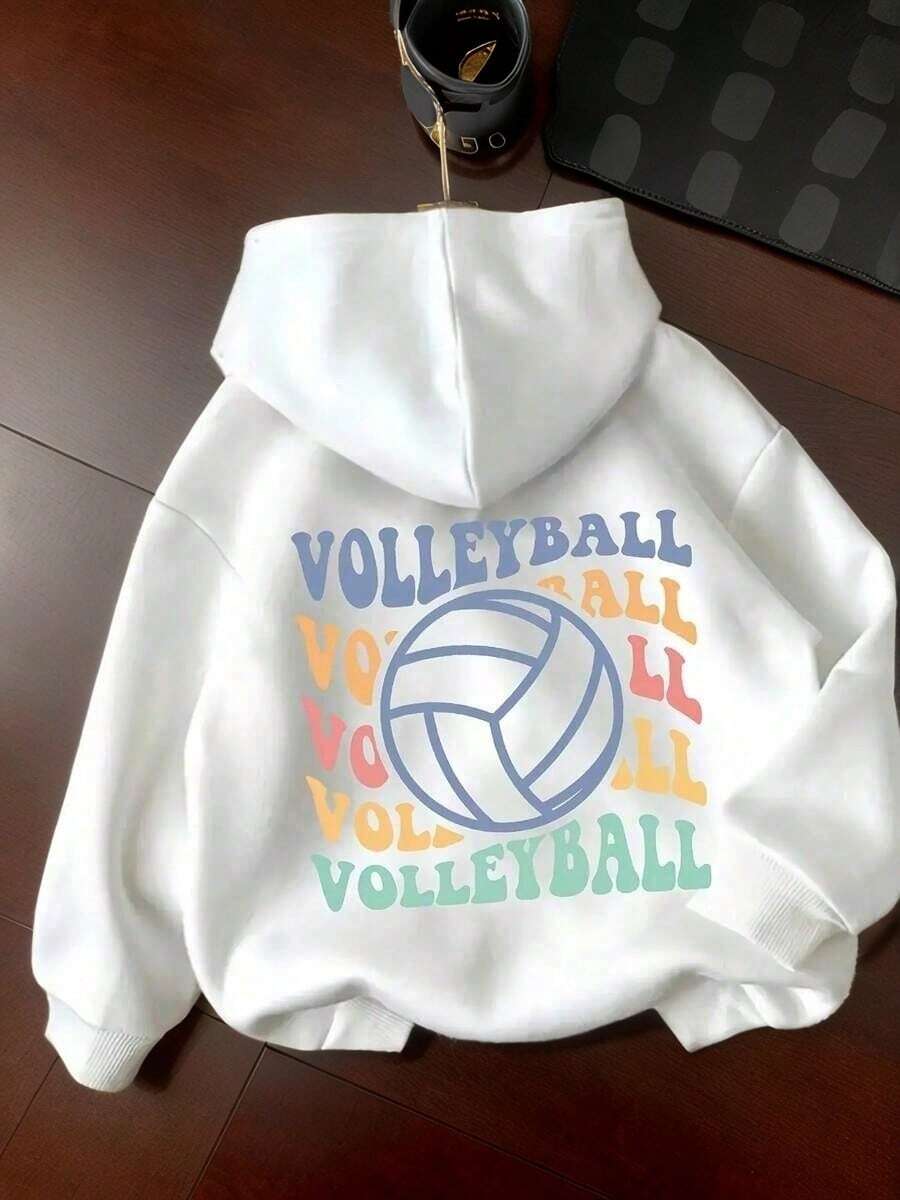 [Cozy Volleyball Print Hoodie] Cozy Women's Casual Loose-Fit Hoodie With Volleyball Print |   Drawstring Hooded Sweatshirt, White With Colorful Lettering, Perfect For Fall & Winter - 白色 - 查看 1
