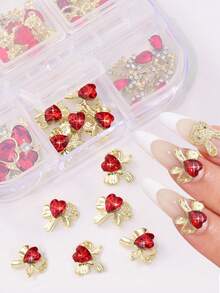 6颗3D红色镀金合金心形美甲水钻，水晶心形美甲宝石，情人节美甲饰品 - 紅色 - 查看 5